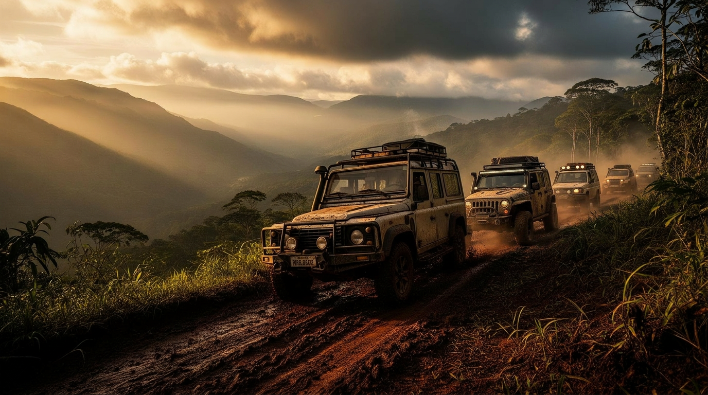 Land Rover Defender em expedição na Serra da Mantiqueira ao pôr do sol